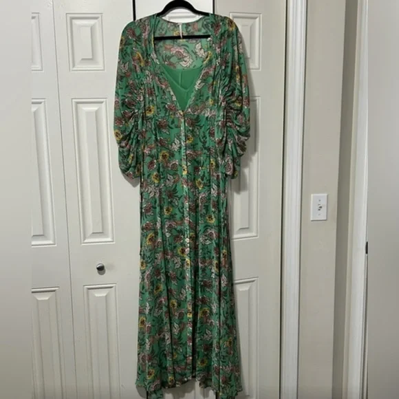 Free People Green floral maxi dress with large blouson ruched & tied sleeves - L - Picture 1 of 8
